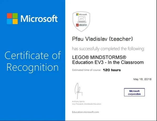 Сертификат о прохождении курсов Microsoft и Lego, 2018